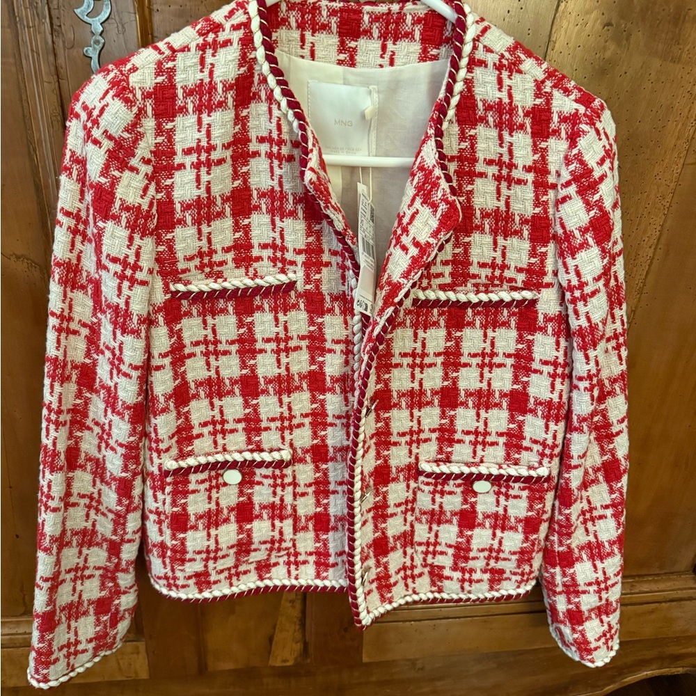 Chic Mango Red and White Plaid Tweed Blazer